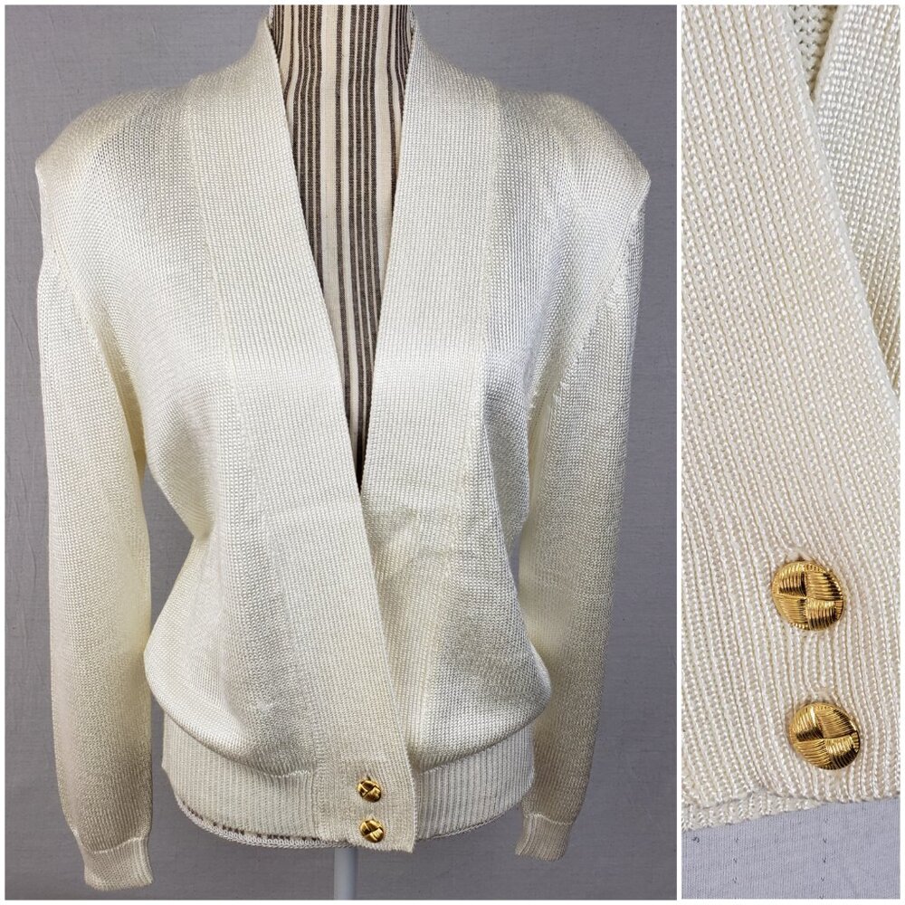 Vintage Nancy Knits Sweater Cardigan Rayon Cotton Silky Knit Cream Preppy size L
